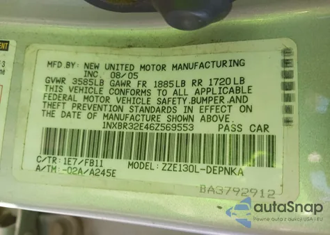 2006 Toyota Corolla Le from USA, damaged, VIN 1NXBR32E46Z569553